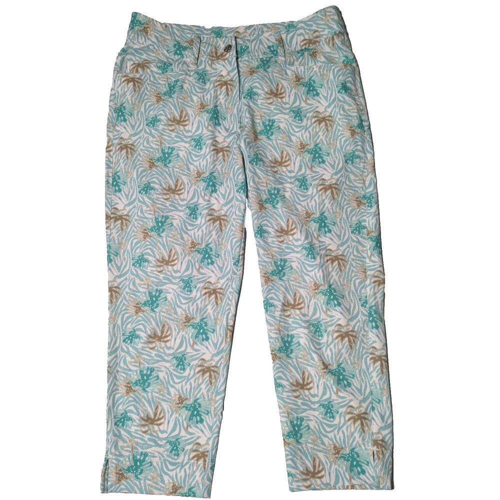 DAILY SPORTS Women Size 8 Green PALM TREE GEO Stretch Blend Golf Capri Pants EUC